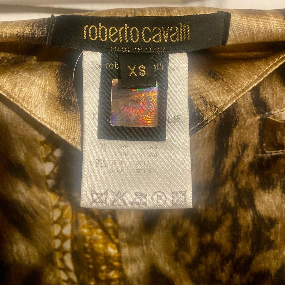 Roberto Cavalli Leopard and Gold Chains Flared Leg Silk Stretch Pants - Picture 2 of 13